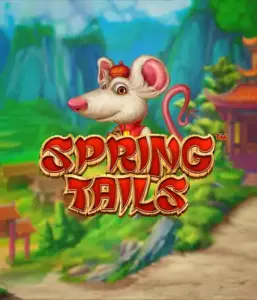 An enchanting illustration of a mouse wearing a red traditional Chinese outfit standing in a picturesque mountain backdrop. The image represents the Spring Tails game by Betsoft, showcased with bold red and gold logo lettering.